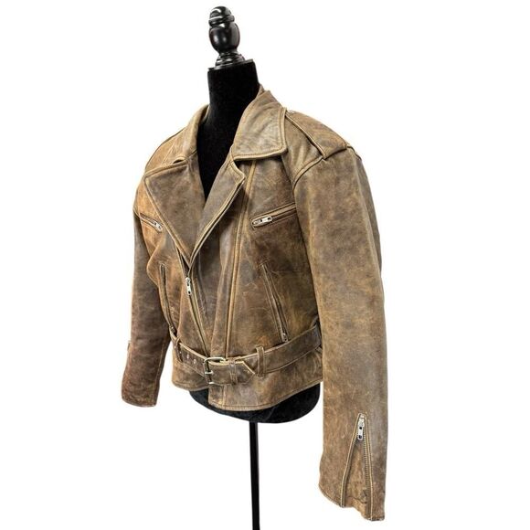 R13 Exaggerated Shoulder Brown Leather Moto Jacket Belted Distressed M - Picture 5 of 16